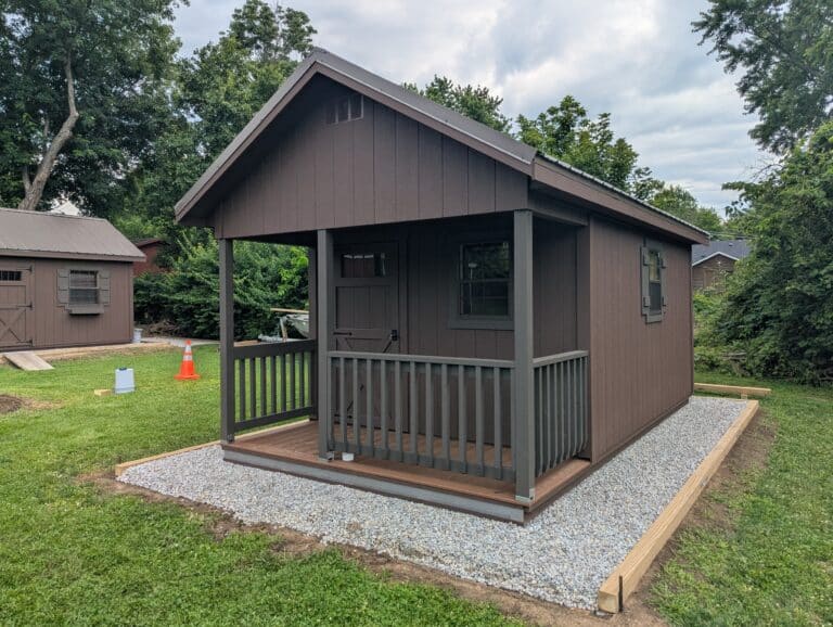 Chalet cabin with screened front porch and wood siding