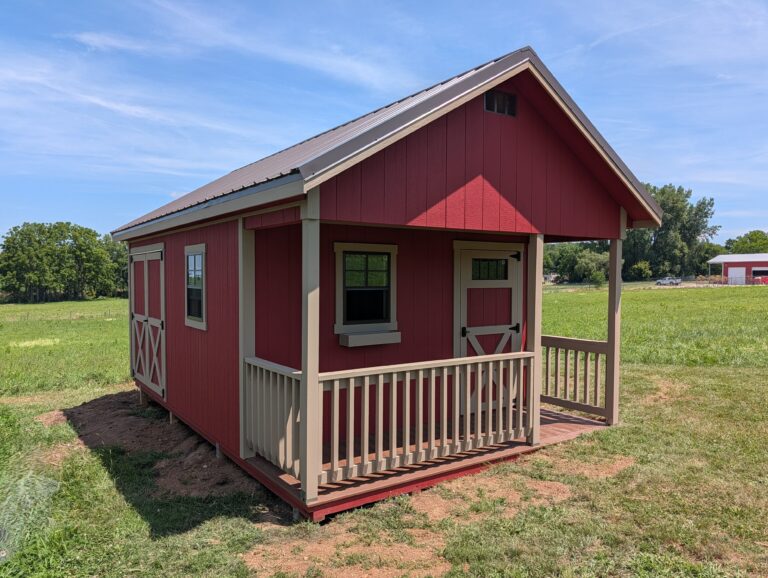 Red chalet cabin with front porch and rustic style