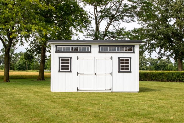 White Modern Studio shed with black trim and double doors in Delaware, Ohio