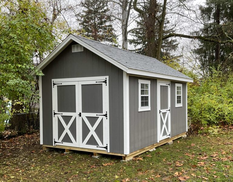 Gray Gable shed with white trim and double doors in Ohio.