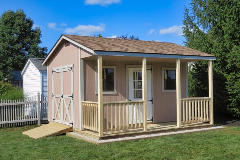 Cabin shed with porch and shutters for sale in Ohio