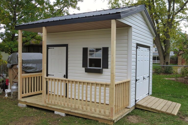 Cabin shed with side porch and ramp for sale in Ohio