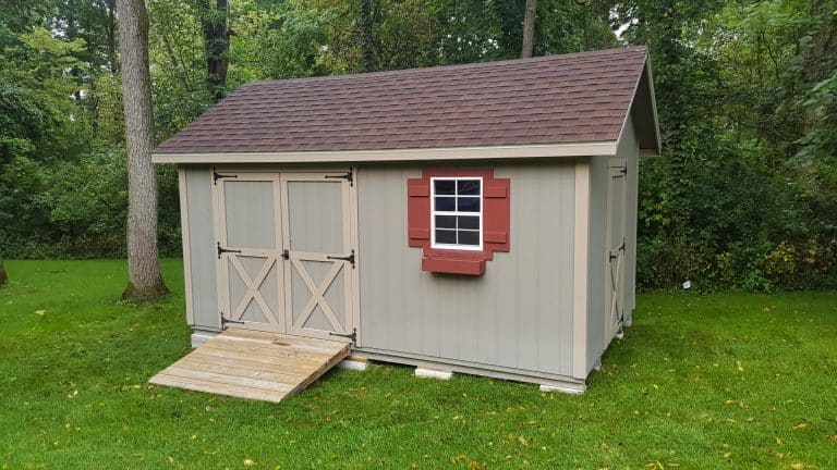 A-frame sheds available with rent-to-own near Delaware County, Ohio.