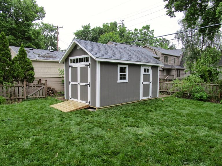 Gray A-frame shed for sale near Springfield, Ohio with front porch and double doors