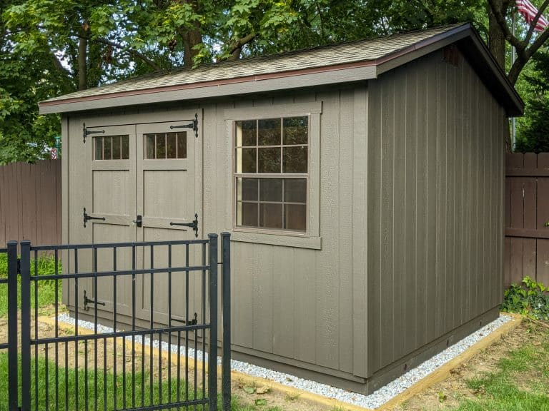 Tan gable shed with shutters for sale in Ohio