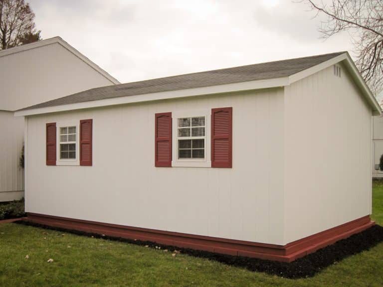 Tan gable shed with barn doors for sale in Ohio