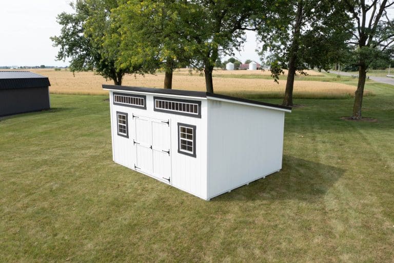 Modern Studio shed viewed from above in an open grassy landscape