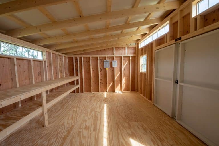Interior view of Modern Studio shed with natural wood ceiling and floor