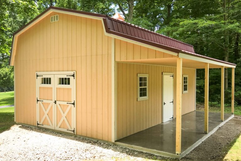 Sheds with porches and lean-to-roof design