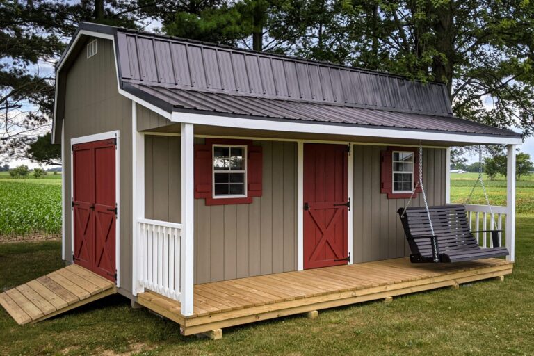 Shed with porches and double doors for added storage