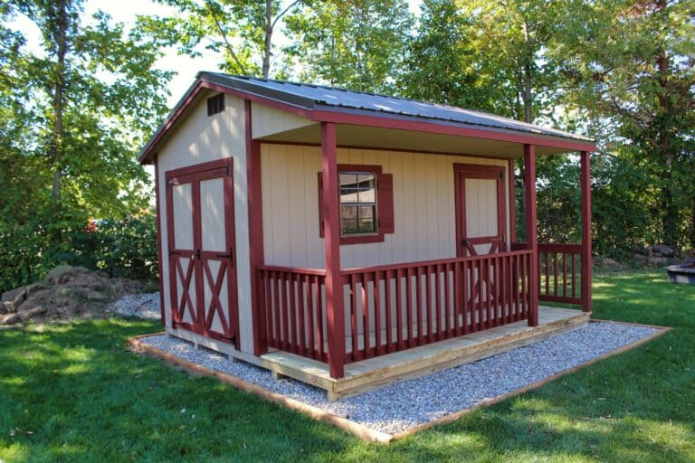 Red cabin shed with screened porch for sale in Ohio