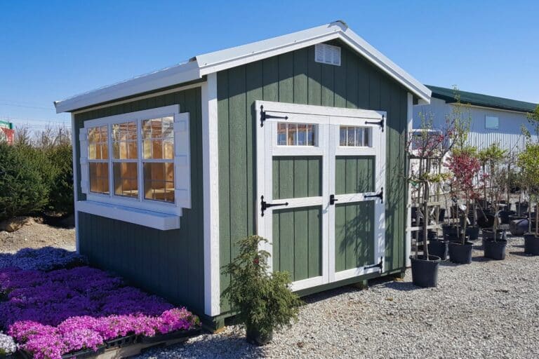 Gray gable shed with large windows for sale in Ohio