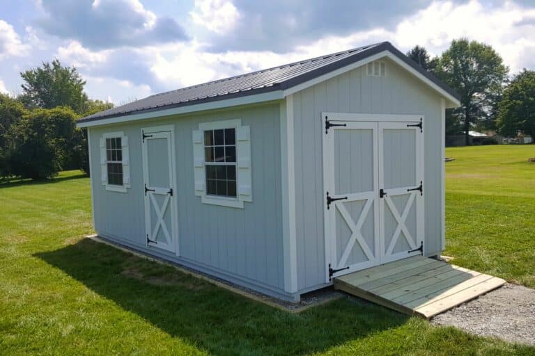 Gray gable shed with ramp for sale in Ohio