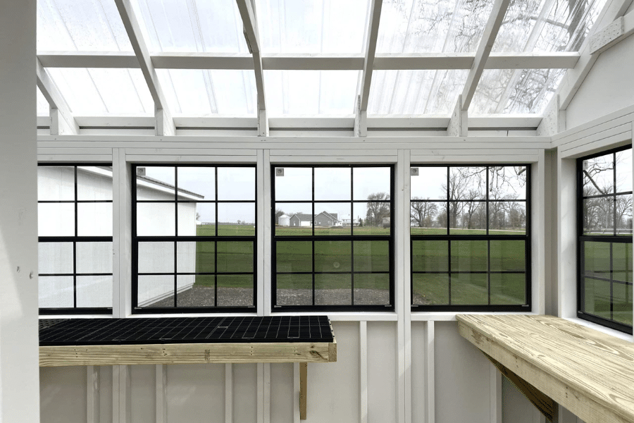 interior view of roofing shelves and windows