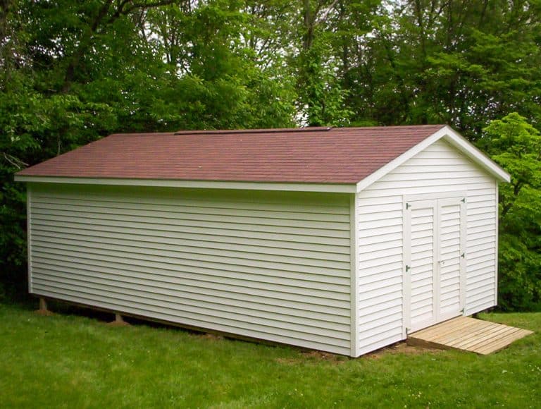 Cream gable shed with red roof for sale in Ohio